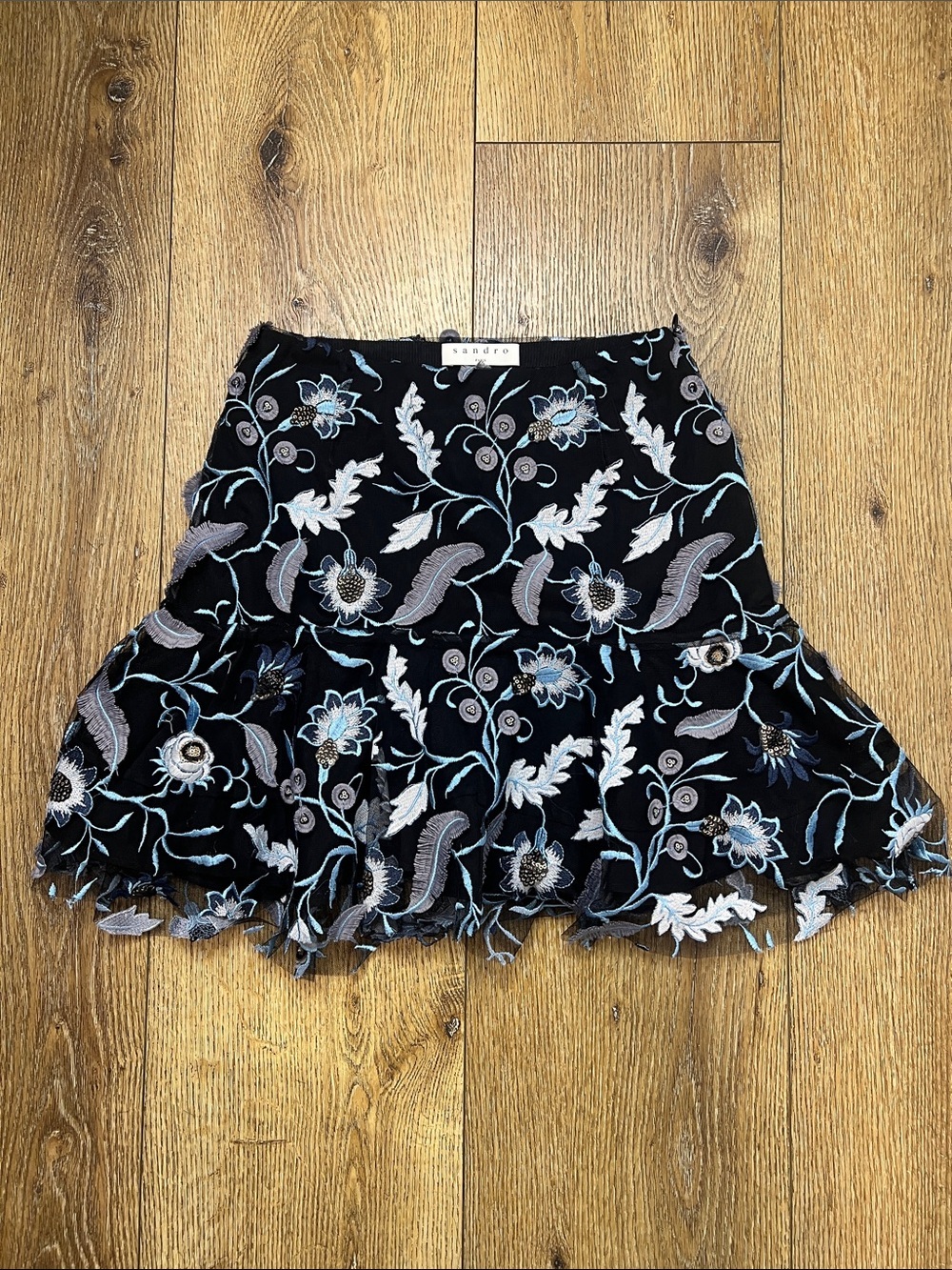 Sandro Paris Black Embroidered Floral Flare Mini Skirt Size 1/S/4US